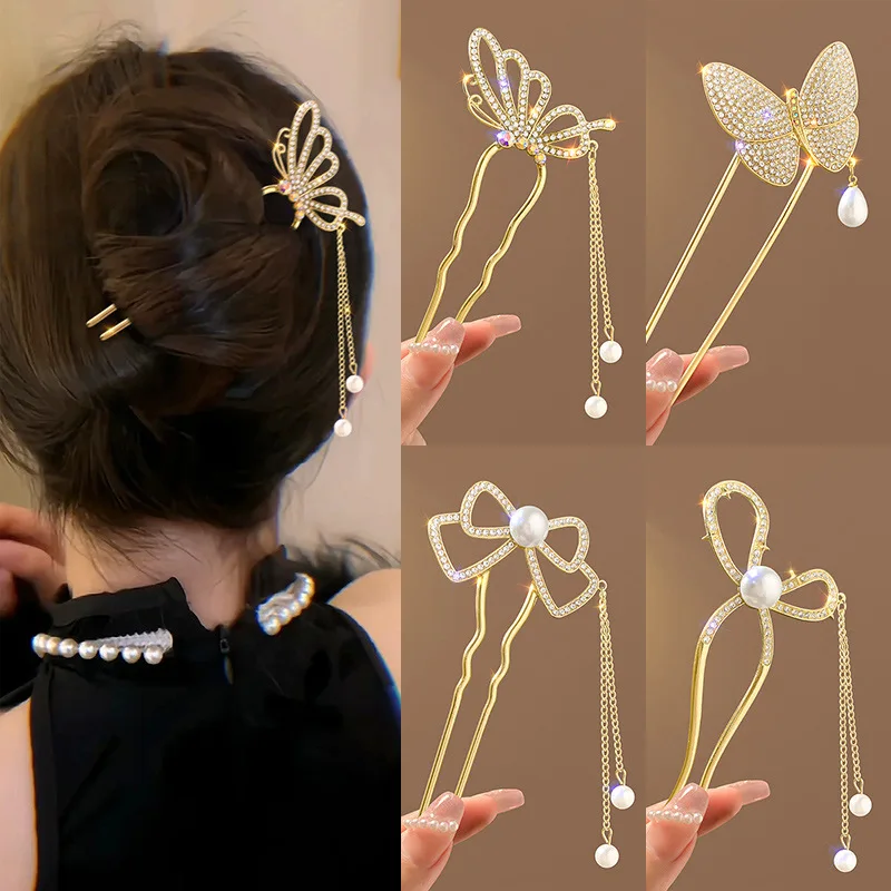 Pearl Hair Pin - Antique style pearl rhinestone high-end U-shaped