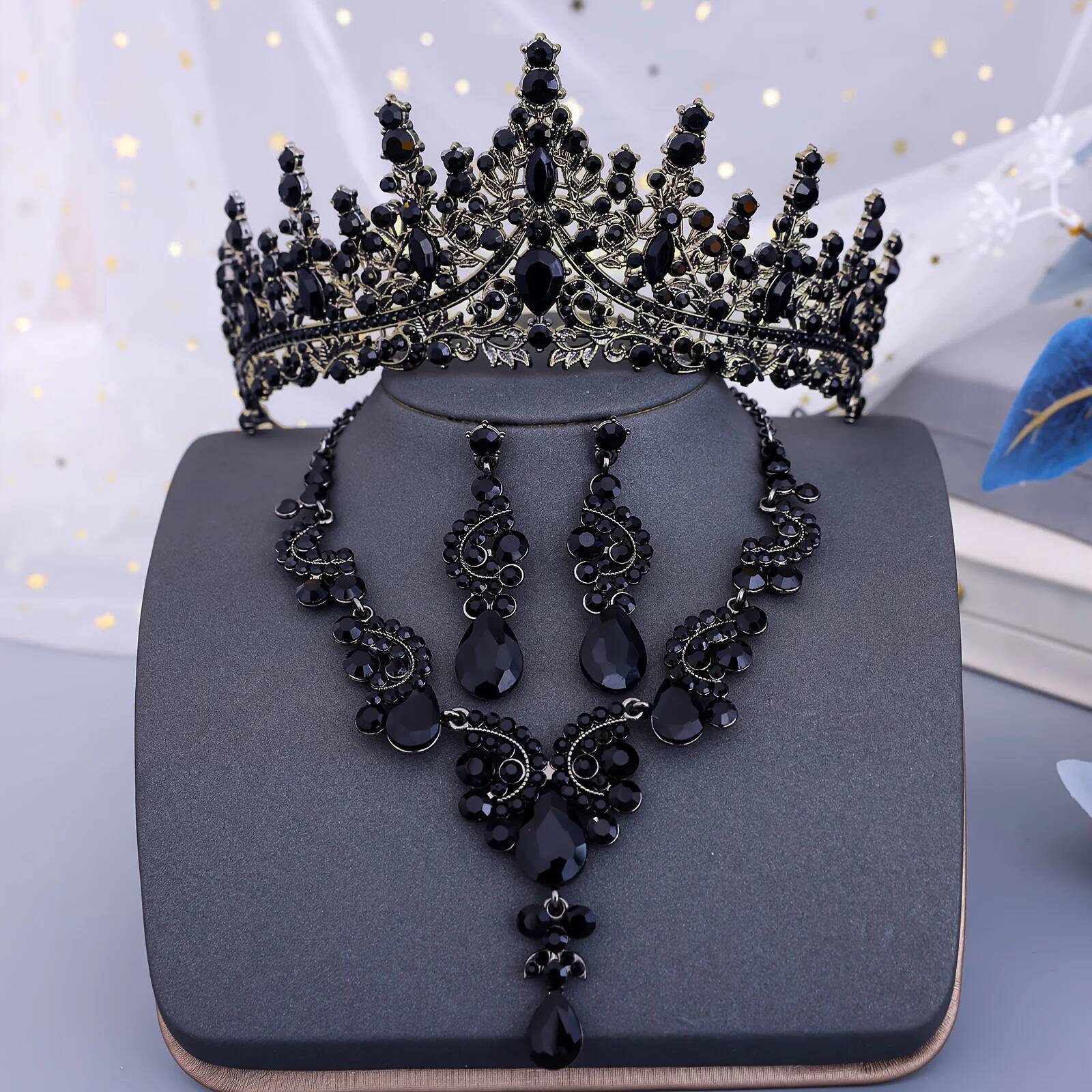 Women Jewelry Accessories For Black Dress - Black Crown Crystal Bridal Jewelry Set